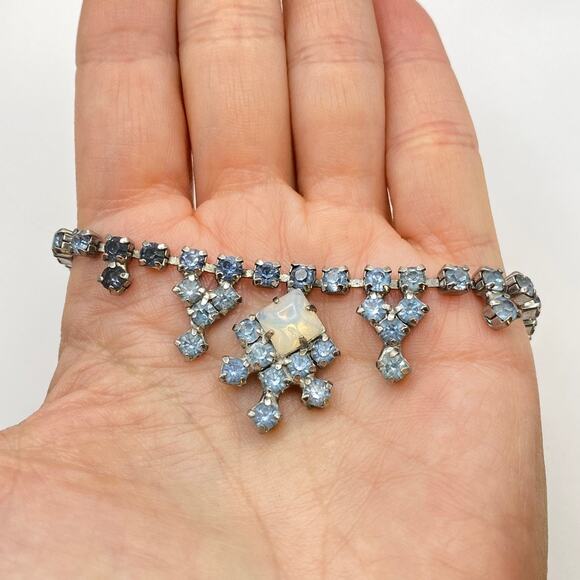 Vintage Art Deco Style Blue Prong Set Crystal Glass Necklace 16" - Picture 7 of 11